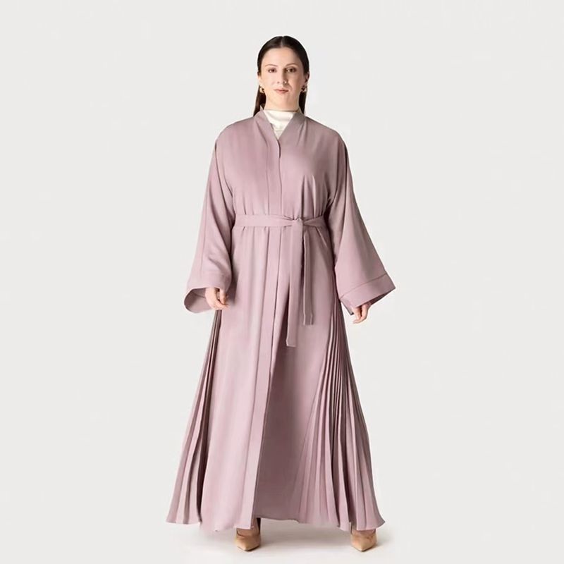 

New Arrival Middle East Dubai Turkey Pleated Cardigan Robe Dress Lace up Pleated Dress Pink 56