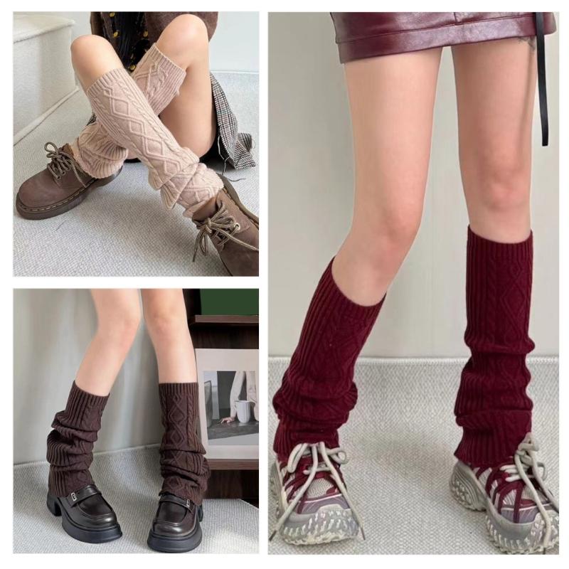 Fashion Rhombus Pattern Wool Leg Covers Cable Knitted Leg Warmers for Cold Weather Footless Long Boot Socks Hosiery