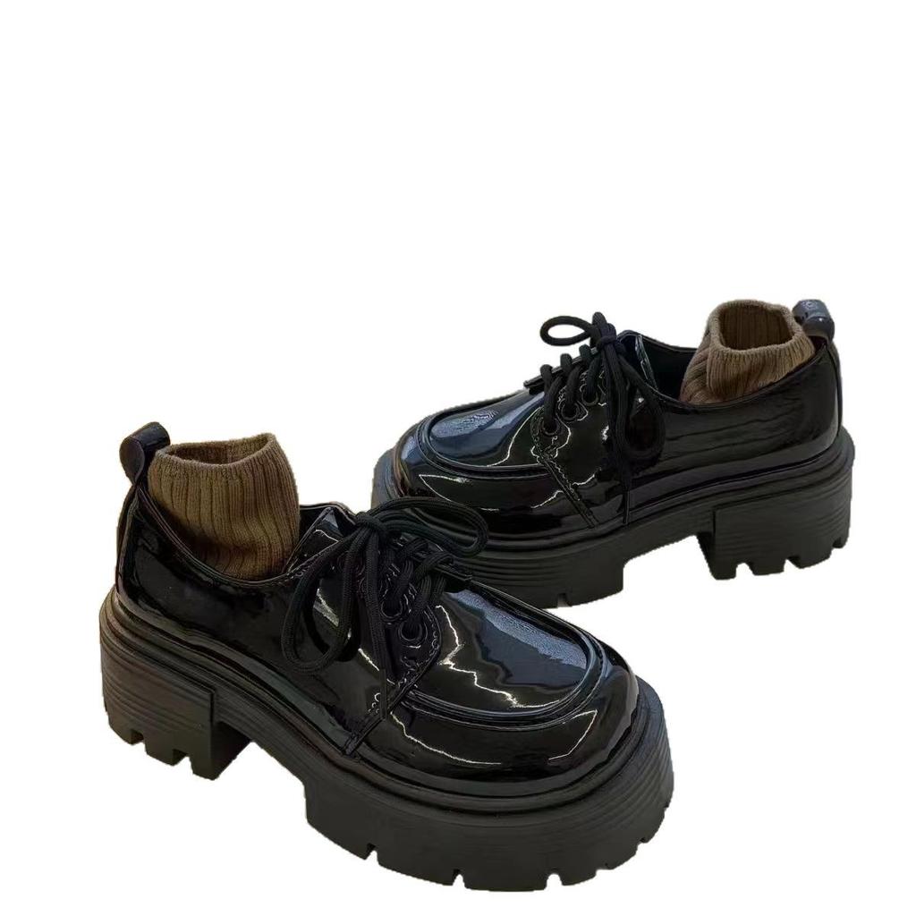 Thick Heel Heightened Platform Small Leather Shoes Women's Spring and Summer 2025 New British Style Retro Versatile Lace-up Single Shoes