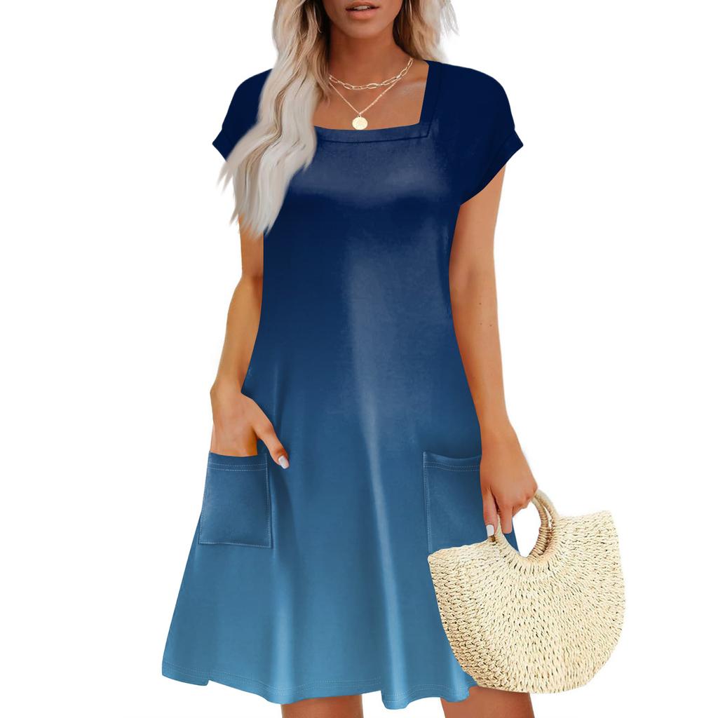 Summer Dresses For Women Loose Square Neck Cap Sleeve Casual Beach Vacation Tshirt Dress Sundresses With Pockets
