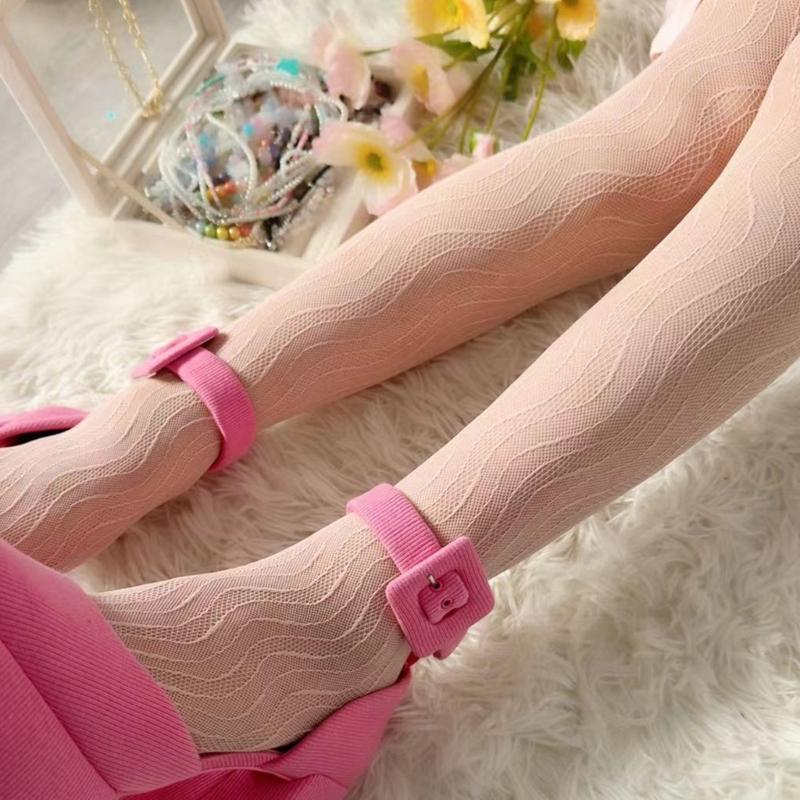 Women Sexy Hollow-Out Fishnet Pantyhose Water Ripple Striped Patterned Bottoming Leggings Fine Mesh Tights Stockings
