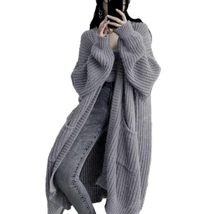 Fall Winter Outwear Women Long Cardigan Sweater Coat Open Front Mid Length Knitting Coat with Pockets