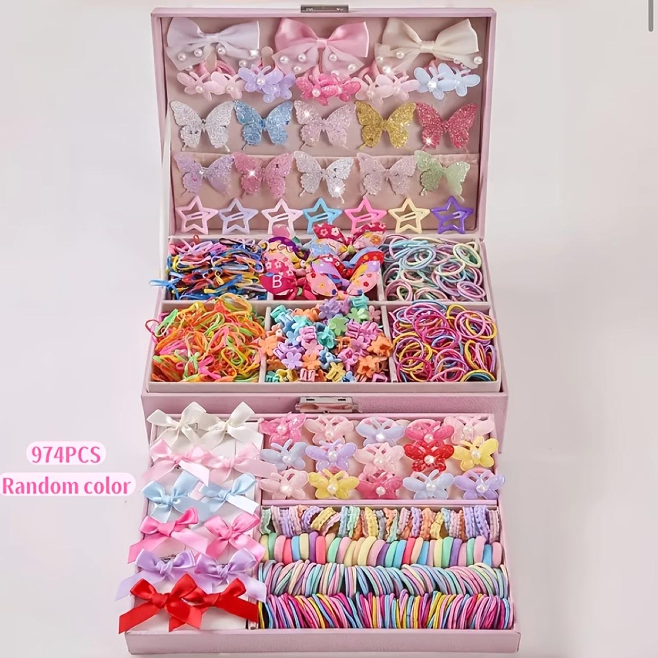 Süßes Haaraccessoire-Set (974 Stück): Schleifen-Haargummis, Glitzer-Schmetterlings-Clips, Haarseile für den Kindertag gray