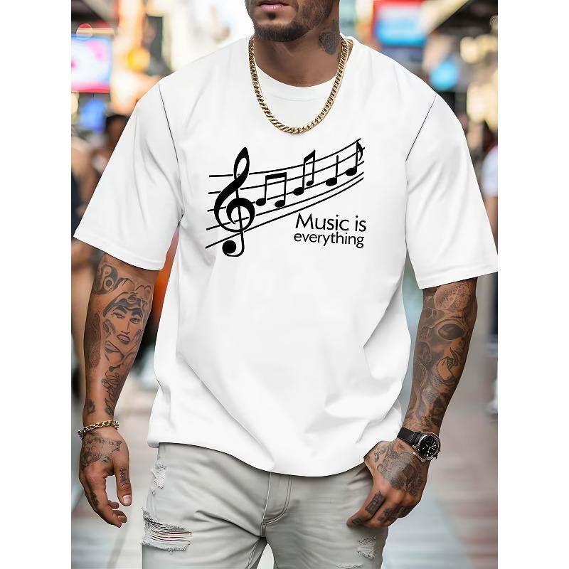 European Sizes Men'S Music Is Everything Graphic T-Shirt | White Crew Neck, Short Sleeve, Non-Stretch Fabric, Regular Fit, Single Sided Printed