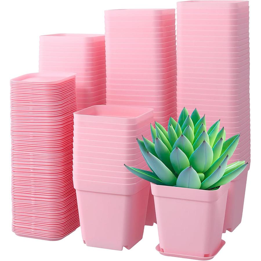 6/12pcs 7cm Pink Plastic Square Flower Plant Pots with Tray Nursery Pot for Succulent Office Desktop Gardening Balcony Decor