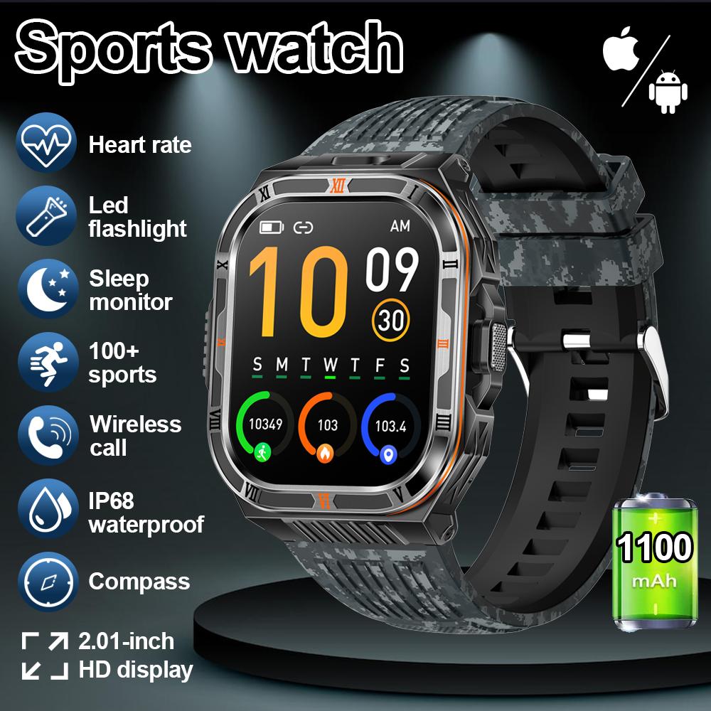 New 1100mAh Battery Outdoor Ultra Durable Men Smartwatch Flashlight Heart Rate Bluetooth Call IP68 Waterproof Sports Smart Watch
