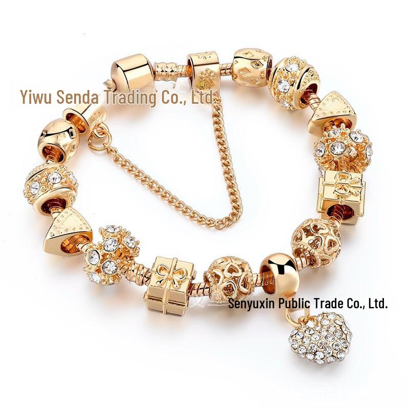 New Panjia Style Gold-Plated Beaded Bracelet with Full Diamond Love Design