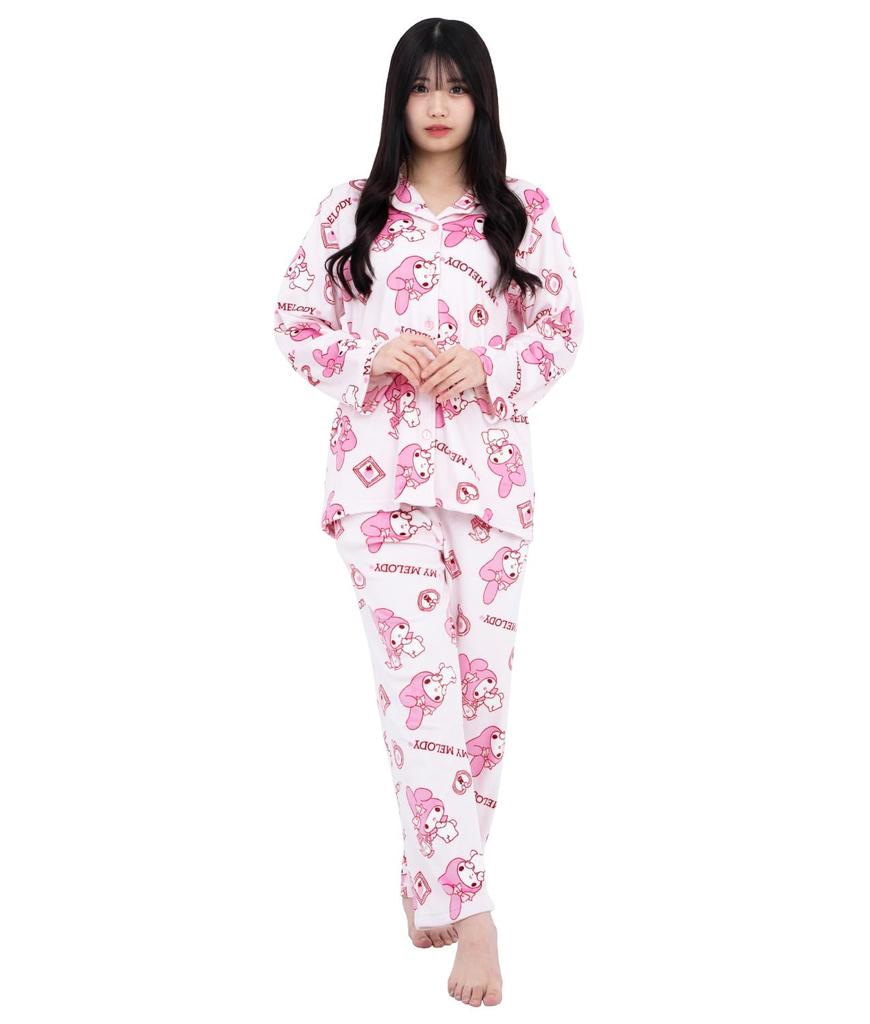 SAZAC My Melody Shirt Long Sleeve and Pants Stylish Frame My Melody Pajamas, Micro-Fur Fleece, Women's, Set, Loungewear, (Pink/L/SAN1742)
