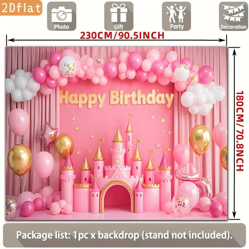 2D Pink Castle Happy Birthday Party Backdrop Princess Balloon & Curtain Photography Background