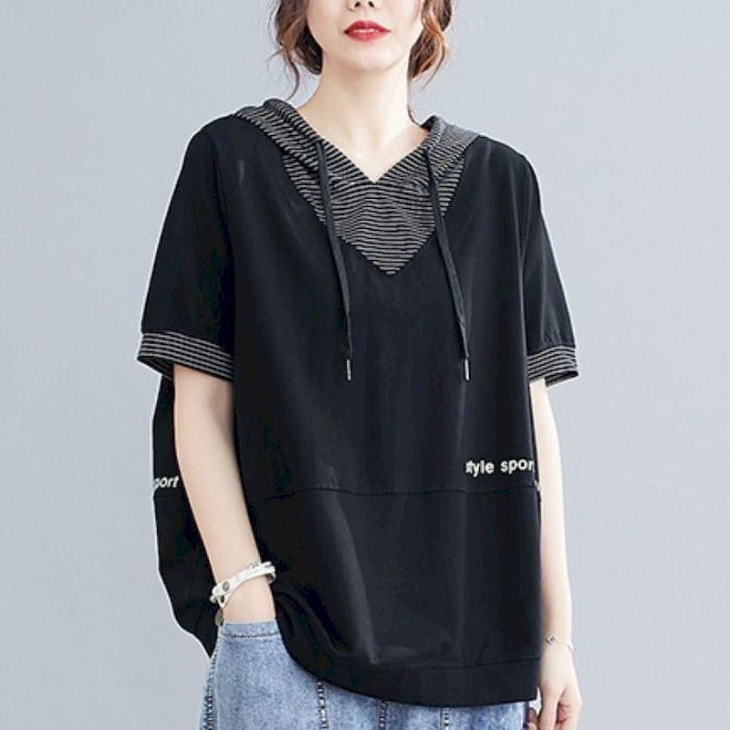 Womens Short-sleeve Hoodies Oversized Loose T-shirt Literary Striped Drawstring Hooded Stitching T-shirt Summer Plus Size