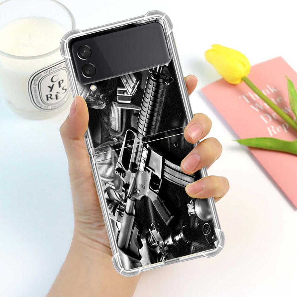 Luxury Case For Samsung Galaxy Z Flip 3 4 5G Funda Z Flip3 Clear PC Hard Shockproof Back Phone Shell AK47 Handgun Gun BUllets