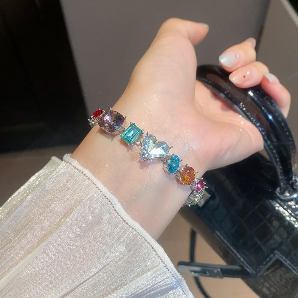 Love Heart Colorful Rhinestone Bangle Square Round Women's Hand Bracelet  Women Girl