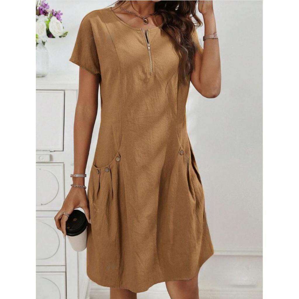 Ladies' Summer Casual Dress with Zipper Half Placket, Button Decoration, and Double Pocket Loose Fit, Cute Summer Jumpsuit