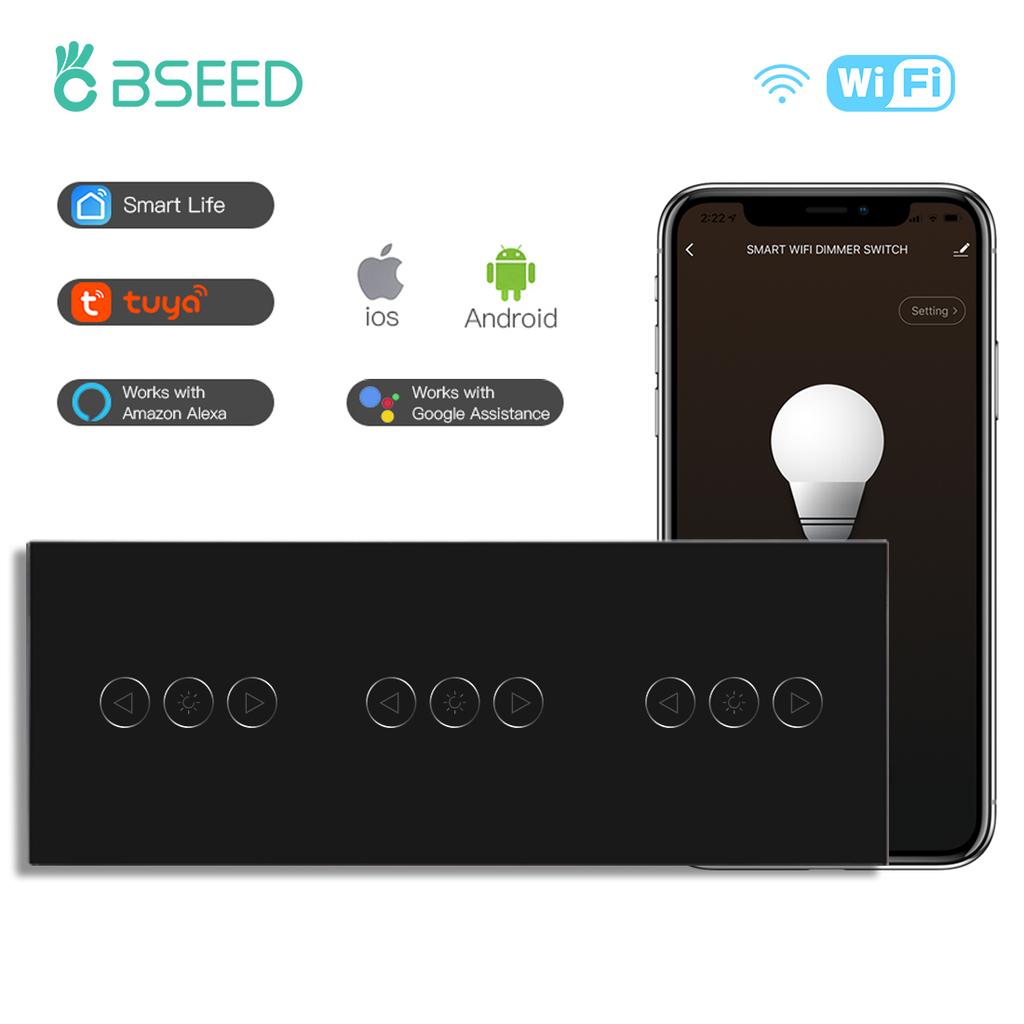 BSEED Wifi Smart Dimmer Switches Tuya Smart Life Goolgle Home Control Plus Normal Type-c USB EU Socket Glass Panel Black