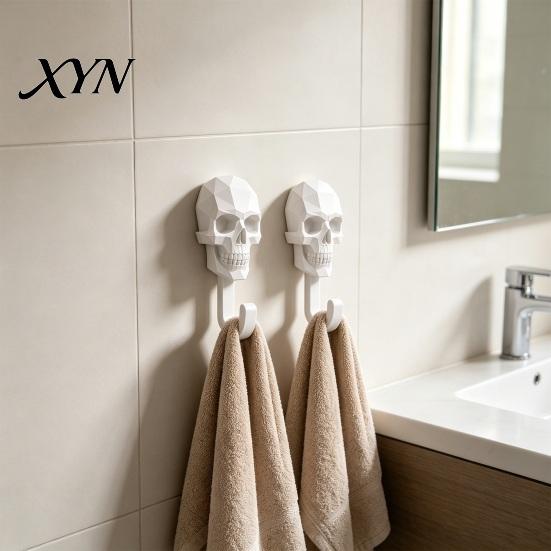 Industrial Style Hook 2Pcs Up, 3D Printed Skull Design Hooks, No Drilling Wall Heavy Duty Mount Hanger, Waterproof Bathroom Storage Hanger for Towels