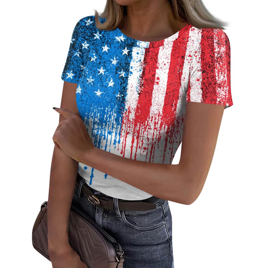 Women's Casual Fashion Round Neck Independence Day Print Short-Sleeve Ribbed Top