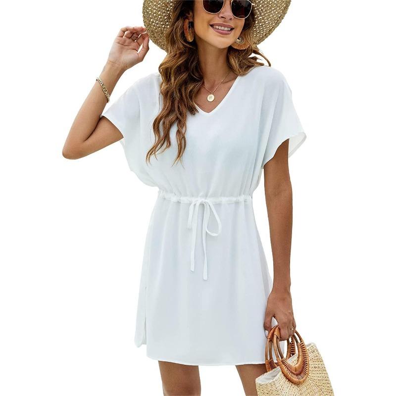 QICED Fashion Summer Spring Solid Color Print Short Sleeve V-Neck Casual Dresses