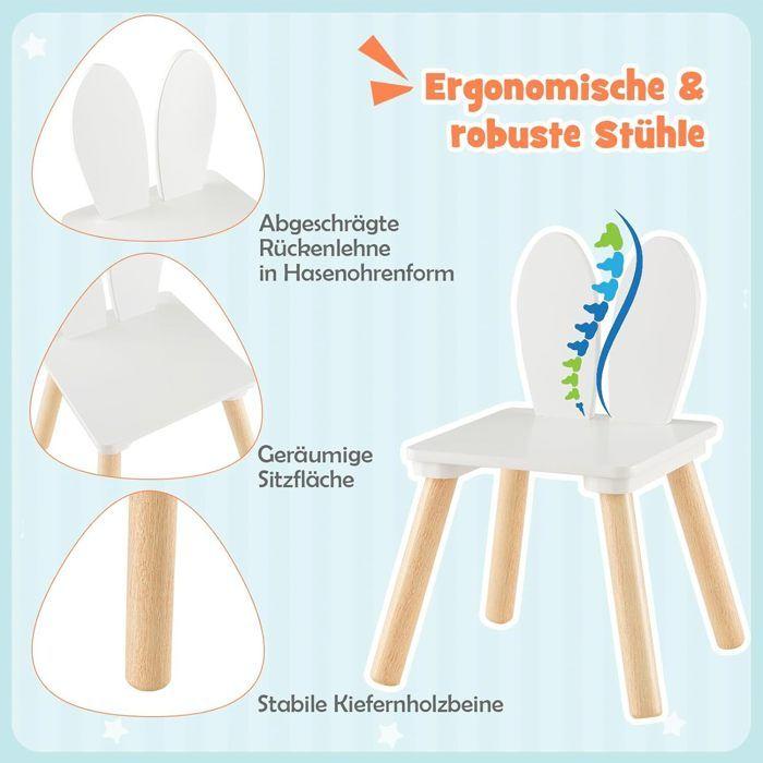 Kindertisch-Set GINGER HOME BUNNY mit 2 Stühlen – Weißes Holz, Hasendesign, Lernen und Spielen – ab 3 Jahren