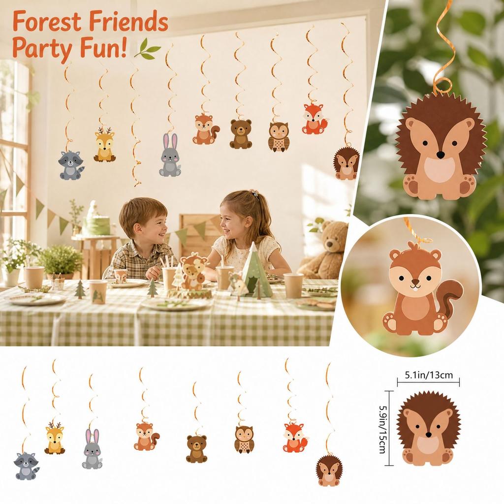 Forest Animal Party Hanging Decorations 8 Pack with and Hedgehog Designs for Theme Baby Shower