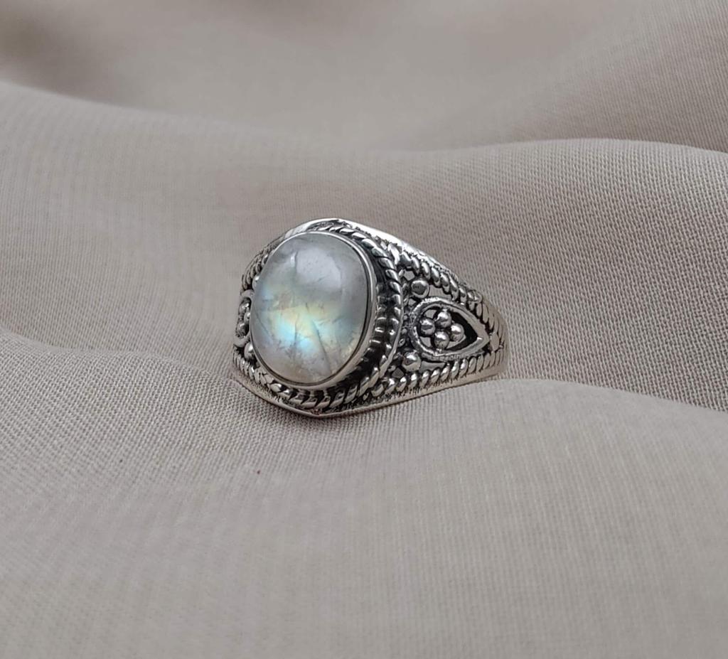 Rainbow Moonstone Ring: Oxidized 925 Sterling Silver, Boho Floral Design