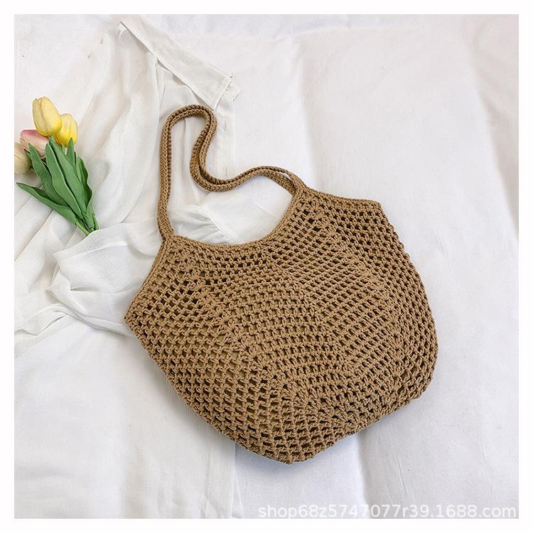 Casual Large-capacity Cotton Thread Woven Bag, New Openwork Straw Bag, Lazy Style Shoulder Bag, Vacation Beach Bag, Women's Bag