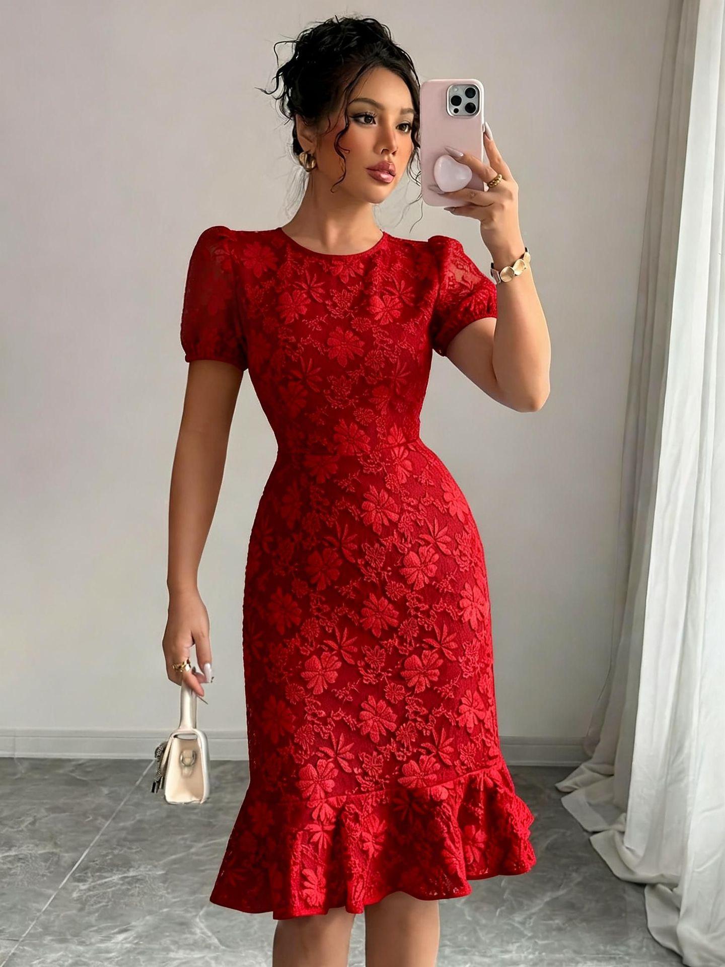 

European and American summer new jacquard slim-fit hip-wrapped fashion dress high-end temperament dress XL бордовий