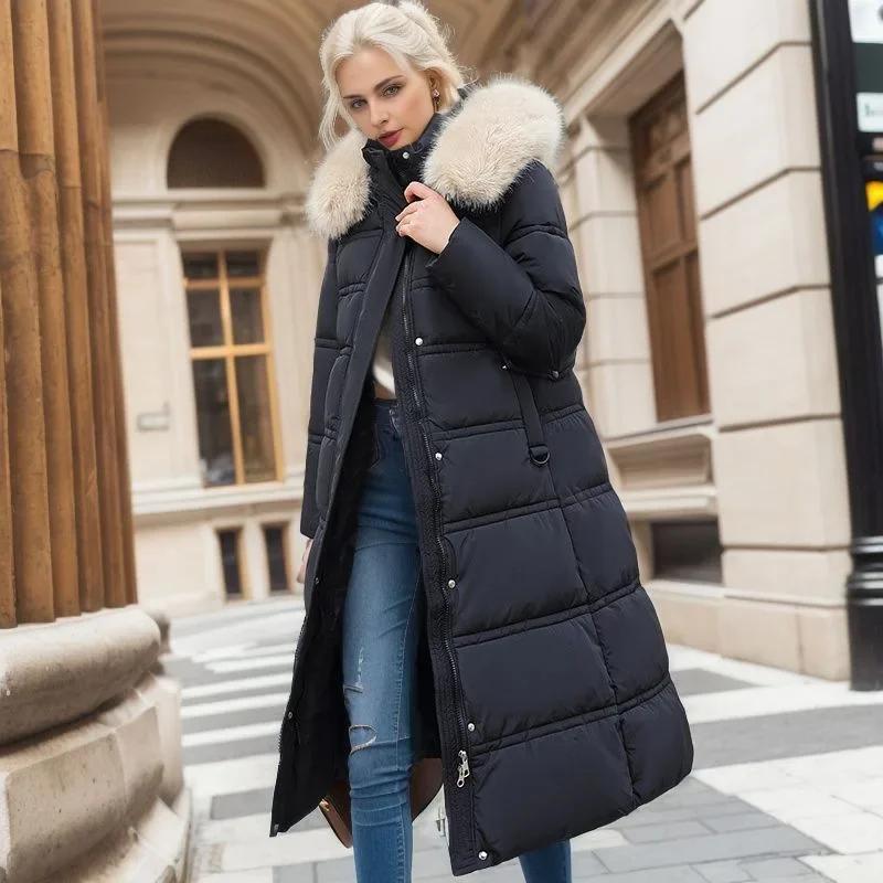 Damen Neue Jacke Parkas Pelzkragen Daunen Baumwolljacke Winter Kapuze Langer Parka Warm Weibliche Gepolsterte Jacke Lässige Oberbekleidung