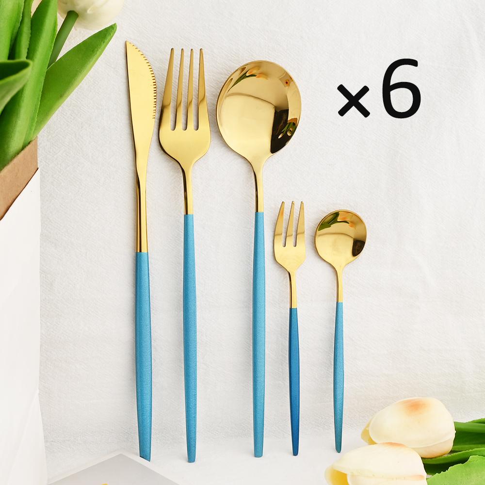 6People Gold Cutlery Set Mirror Stainless Steel Dinnerware Set Knife Cake Fork Tea Spoon Silverware Flatware Party Western Kitchen Tableware