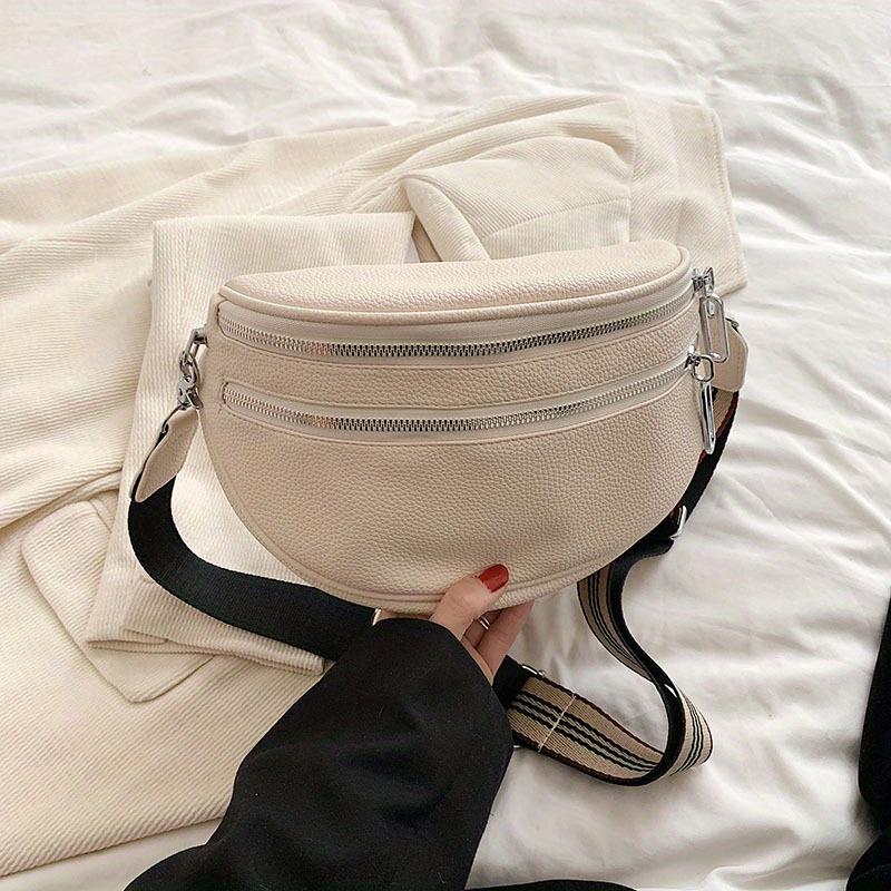 High Looks Simple Fashion Double Zipper Fanny Pack Daily Commuting with A Wide Shoulder Strap Leather Shoulder Bag