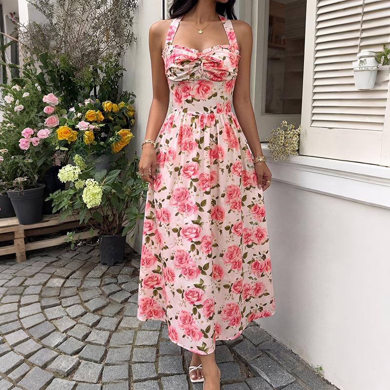 Summer Women s Floral Rose Print Halter Midi Dress V Neck Ruched High Waist A-Line Casual Vacation Party Sundress S розовый