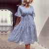 New European and American Summer Fresh and Sweet Wind Printing V-neck Blue Dress