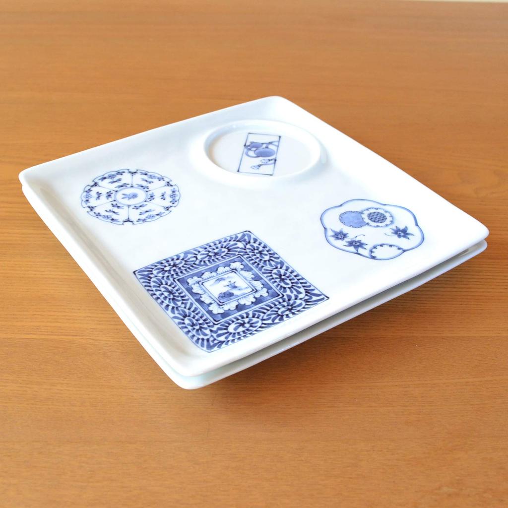 Stylish Two-piece Arita Ware One-plate Set Featuring the "Hundred Views of Sometsuke" Design. Dishwasher and Microwave Safe.
