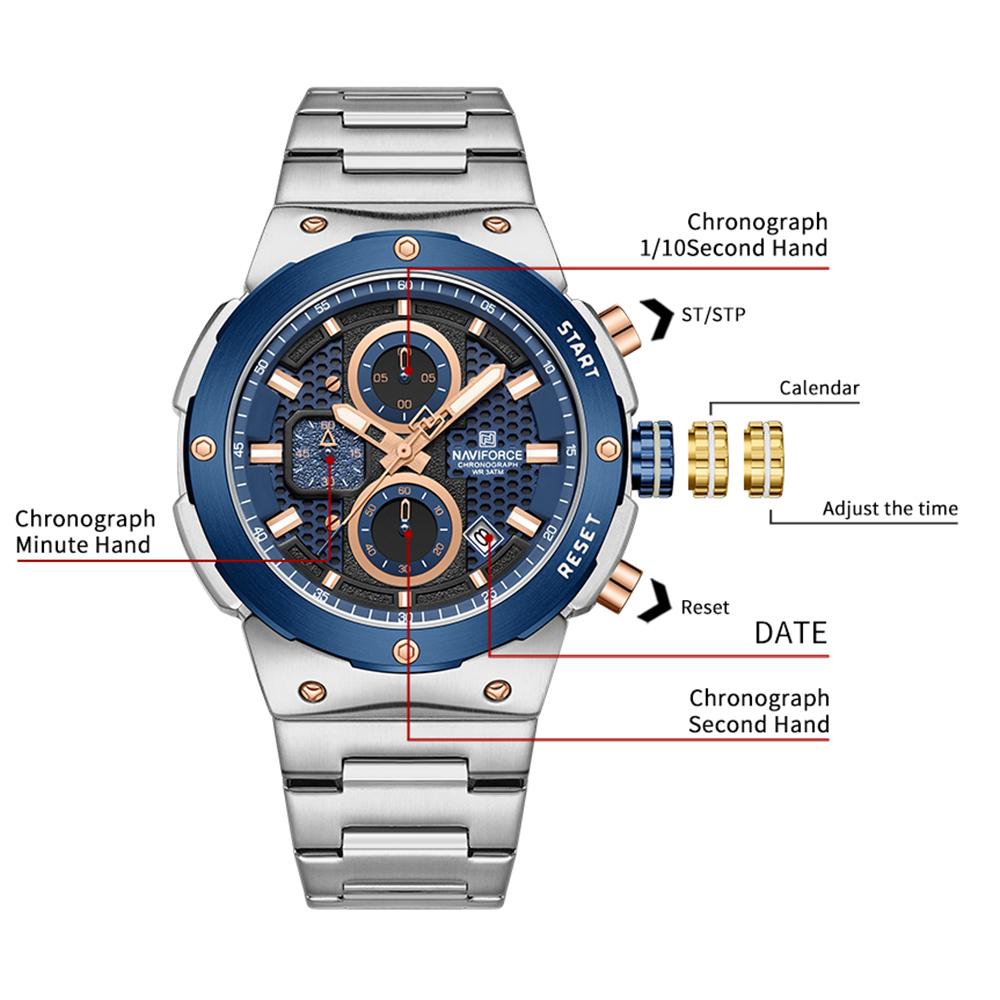 Naviforce Męski Zegarek Kwarcowy Wskazówkowy Stoper Chronograf Wodoodporny Pasek Ze Stali Nierdzewnej Kalendarz Luminescencyjny Męski Chłopięcy Modny Zegarek Casualowy NF8072