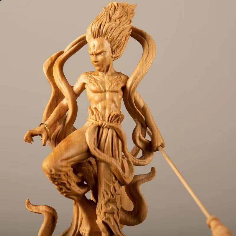 Wood carving Nezha Prince Statue, Natural Solid Wood Chinese Mythology anime figures HomeRoom Office decoration and accessories