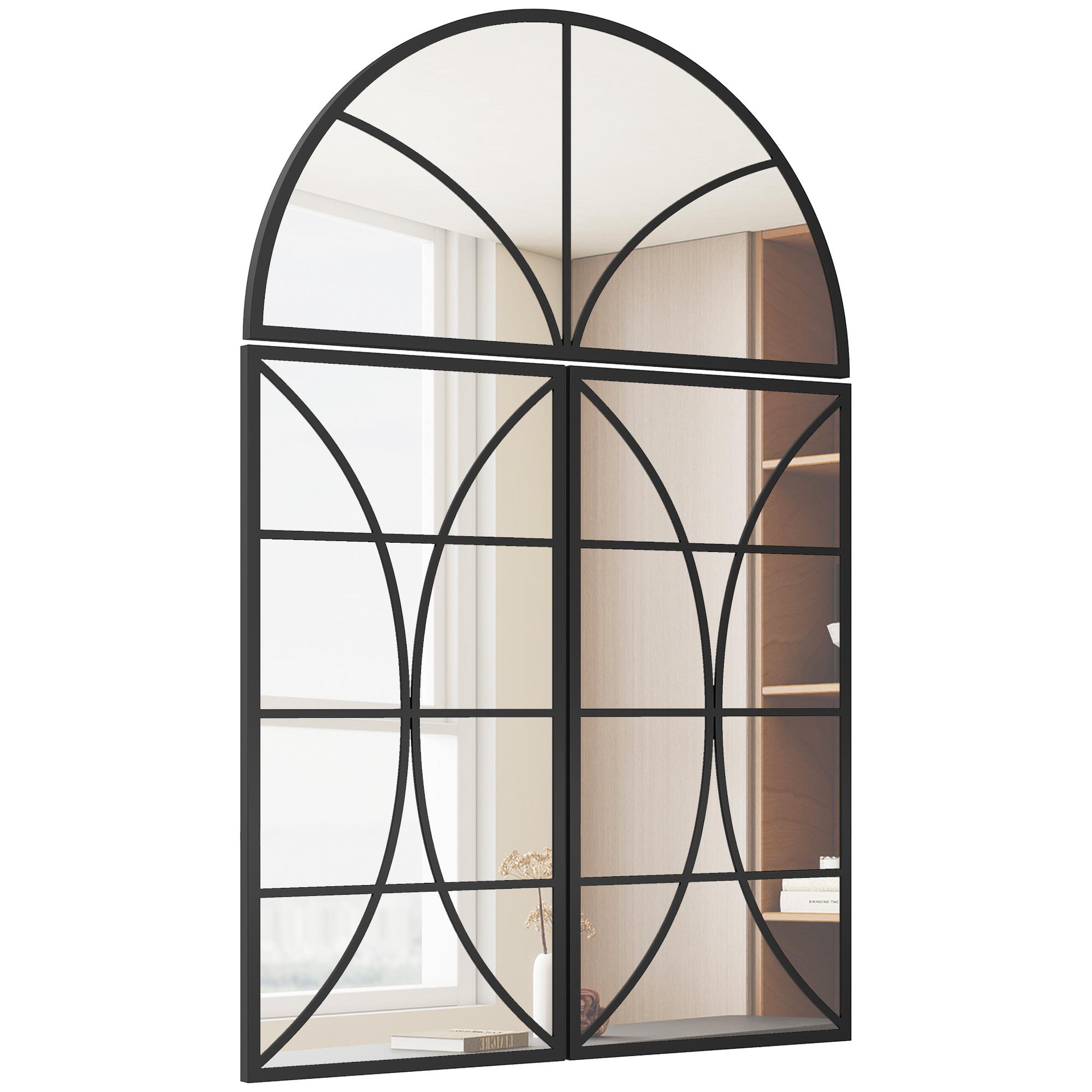 Miroir Mural Arqué 80 X 120 Cm Lot de 3 Pièces Miroir en Verre Forme Fenêtre Verre Trempé et Métal Noir