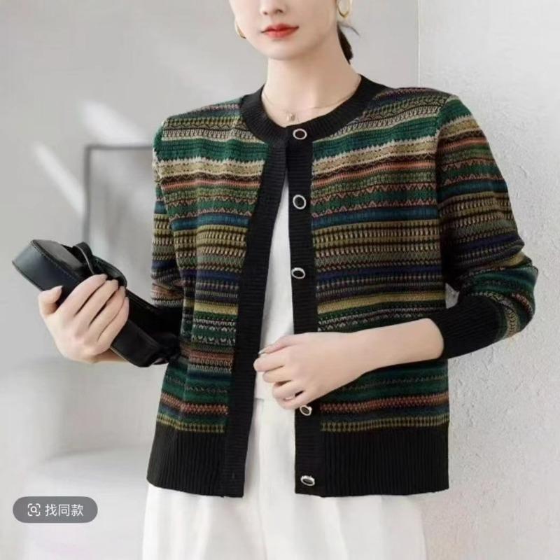 Spring New Word Collar Contrasting Color Buckle Loose Color Bar Fashion Casual Knitted Jacket Cardigan Sweater Women