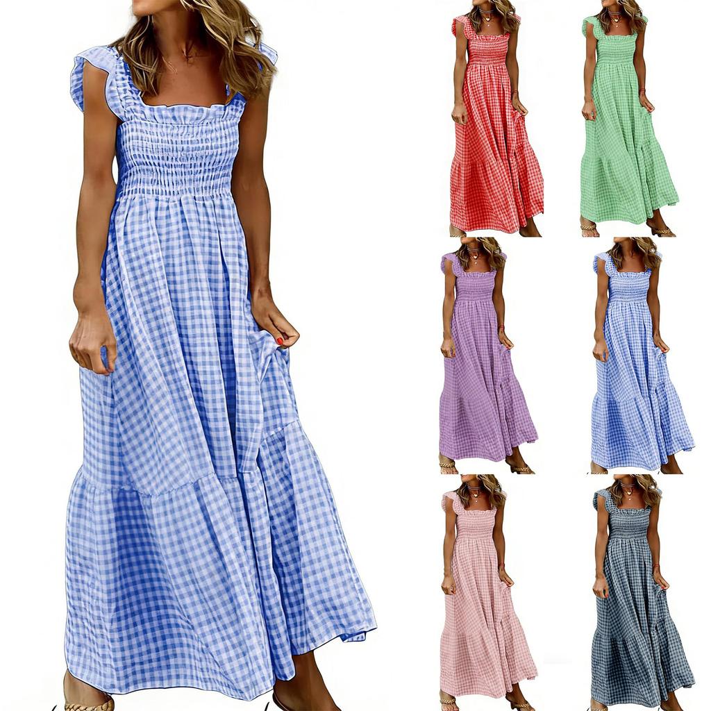 Women’s Gingham Print Smocked Waist Maxi Dress Sleeveless Ruffle Shoulder Square Neck Casual Long Dress