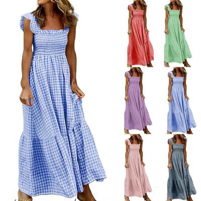 Women’s Gingham Print Smocked Waist Maxi Dress Sleeveless Ruffle Shoulder Square Neck Casual Long Dress