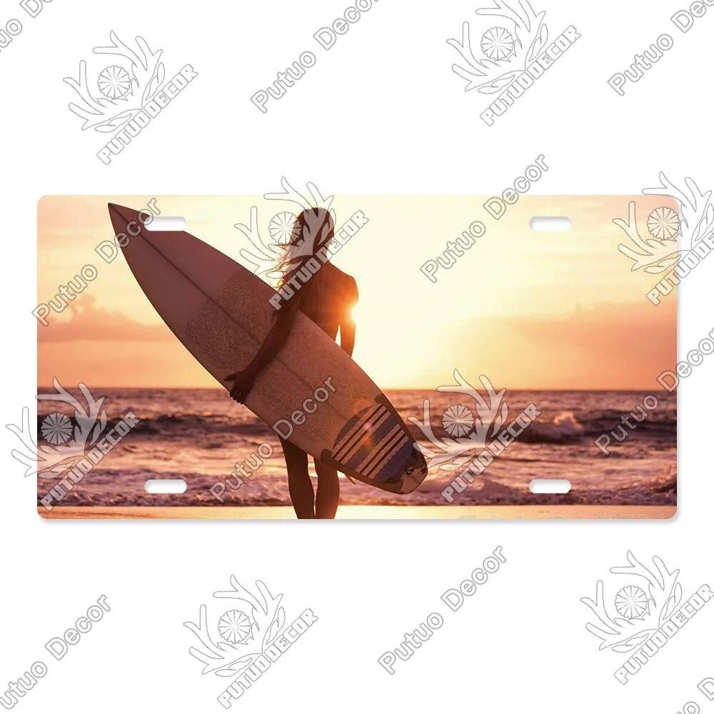 Putuo Decor Beach Licenses Plate Vintage Tin Sign Plaque Metal Car Plate for Living Room Door House Home Wall Art Decor
