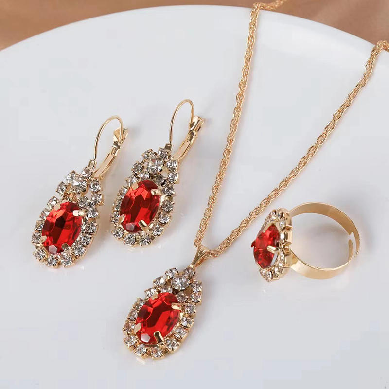 Necklace Earring Ring Three Piece Set Women's Water Droplet Heart-shaped Rhinestone Sets Fashionable Bridal Accessory
