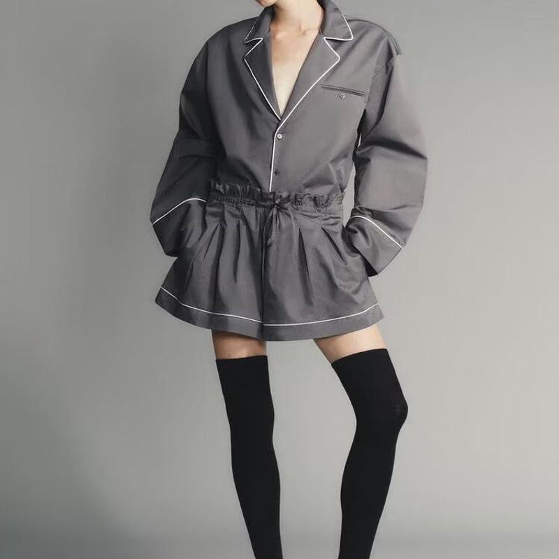 Zbzr Spring New Women Clothes Trim Poplin Lapel Long Sleeve Shirts Shorts Set 5063116 1255535