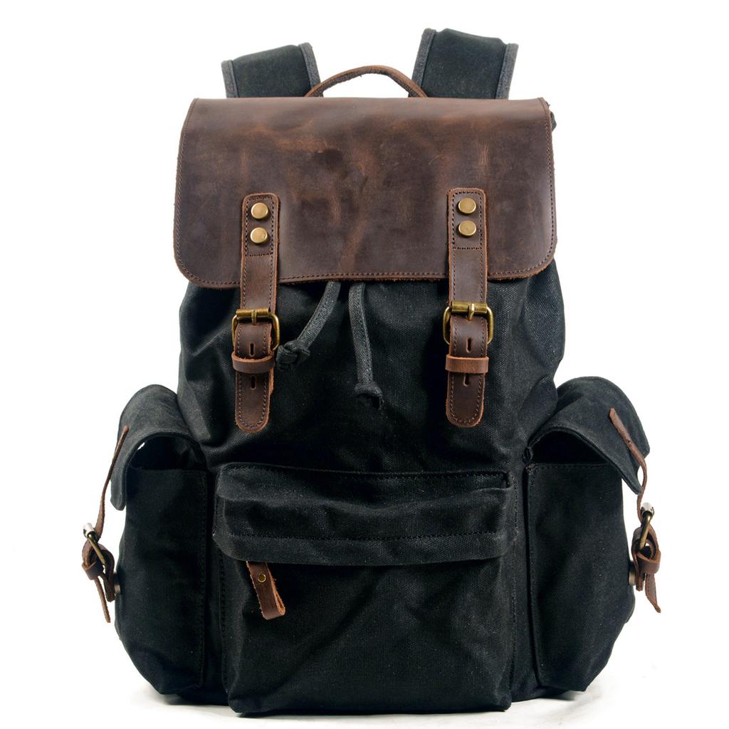 Men'S Backpack Canvas Casual Backpack Trendy Computer Bag Oil Wax Canvas With Leather Bag Trendy Street Style