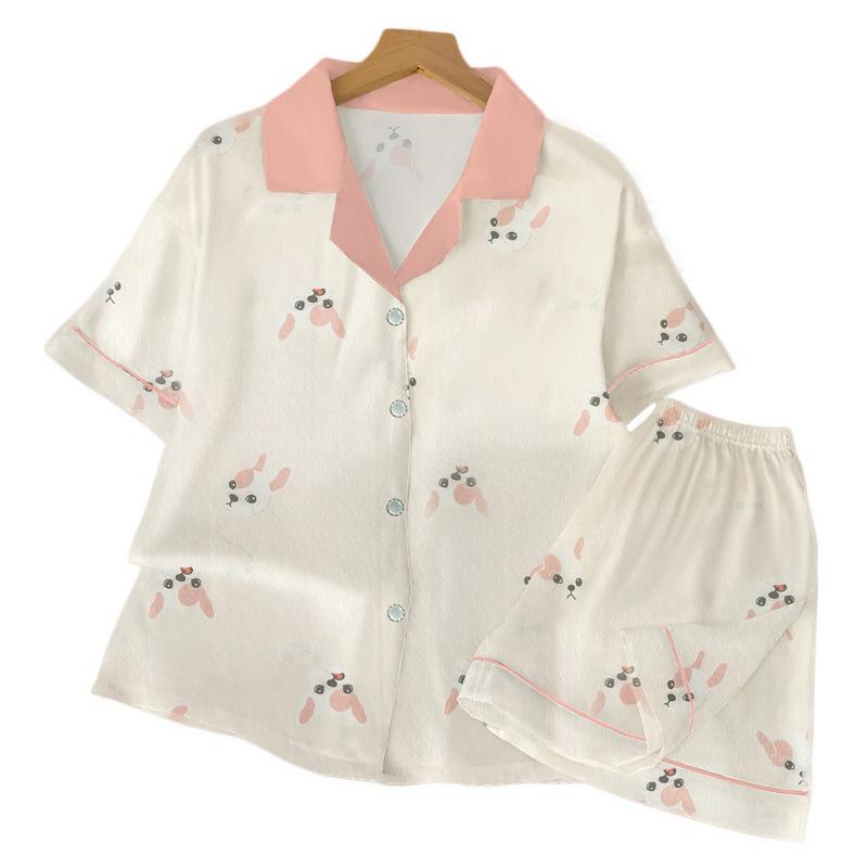 French Fighting Dog Ice Silk Pajamas Women'S Summer Short-Sleeved Suit High-End Loungewear Can Be Worn Outside
