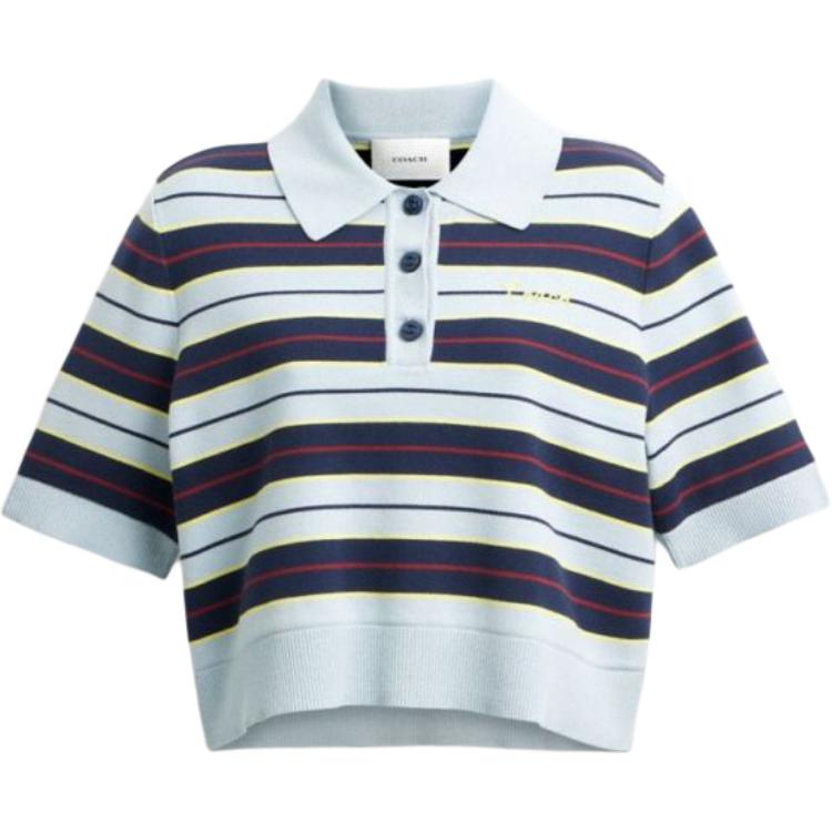 Coach Short Striped Classic Logo Button Polo Shirt Women tops Blue CAH87-BLMC M