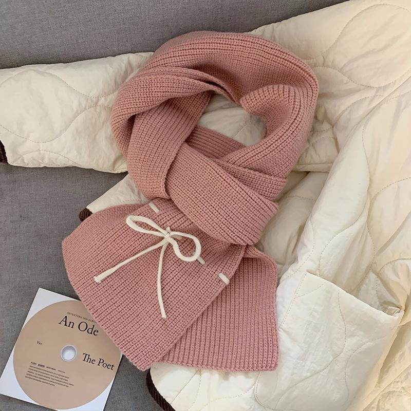 Korean Style Red Bow Woolen Scarf for Women in Autumn and Winter Thickened Warm Neck Protection Knitted Shawl Scarf Winter