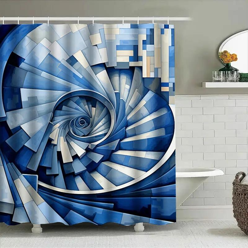 Blue Geometric Spiral Waterproof Shower Curtain - Modern Art Design For Bathroom Decor, Perfect For A Stylish And Unique Look