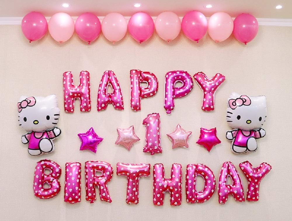 Hello Kitty 1st Birthday Decorations, Cute Pink Star Happy Birthday Balloons, Number 1, Set of 29 (Hello Kitty)
