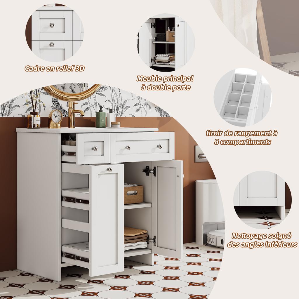 76 x 47 x 86 cm, Lavabo Autoportante, Laccato, Lavabo in Ceramica a Prova di Perdite, 8 Cassetti, Basso Rumore, Cerniere Soft-Close, Maniglie Argentate, Bianco.