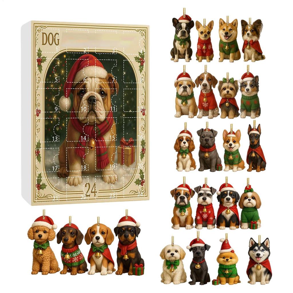Cute Dog Advent 24 Days 2D Acrylic Dog Charm Countdown Calendar Christmas Pendant for Tree Window Wall Door Car Decoration