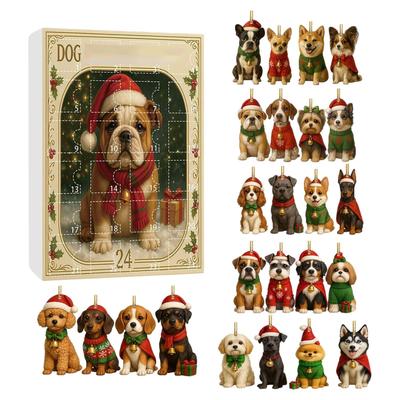 Cute Dog Advent 24 Days 2D Acrylic Dog Charm Countdown Calendar Christmas Pendant for Tree Window Wall Door Car Decoration